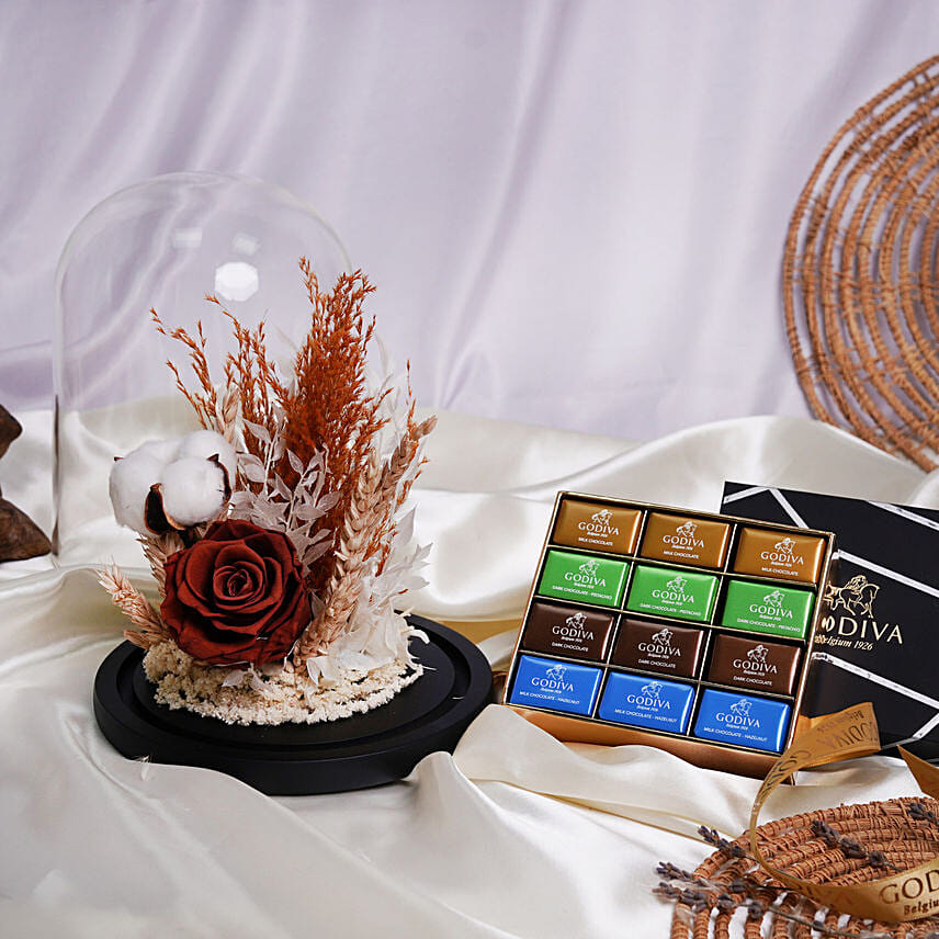 Brown Forever Rose with Godiva Naps Chocolate Brown Forever Rose with Godiva Naps Chocolate: Promise Day Flowers
