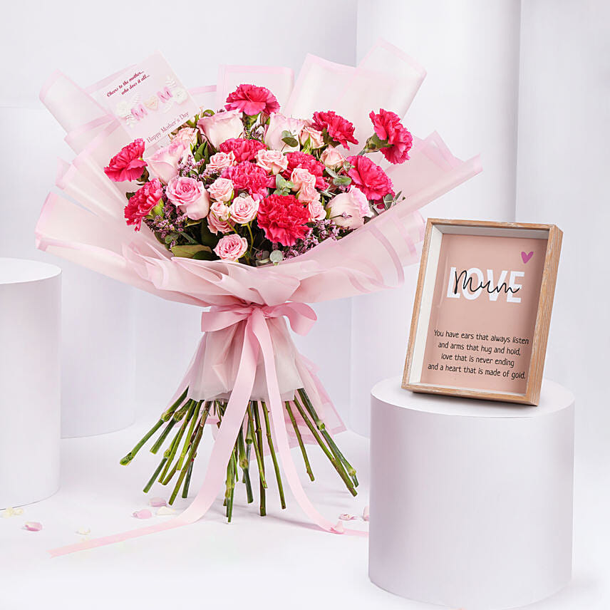 هدية يوم الأم - باقة ورد بيبي روز وقرنفل مع برواز مطبوع هدية يوم الأم - باقة ورد بيبي روز وقرنفل مع برواز مطبوع: تنسيق ورد مع هدايا خاصة