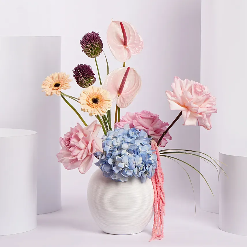 Colorful Flower Arrangement in White Vase Colorful Flower Arrangement in White Vase: I Miss You Flowers
