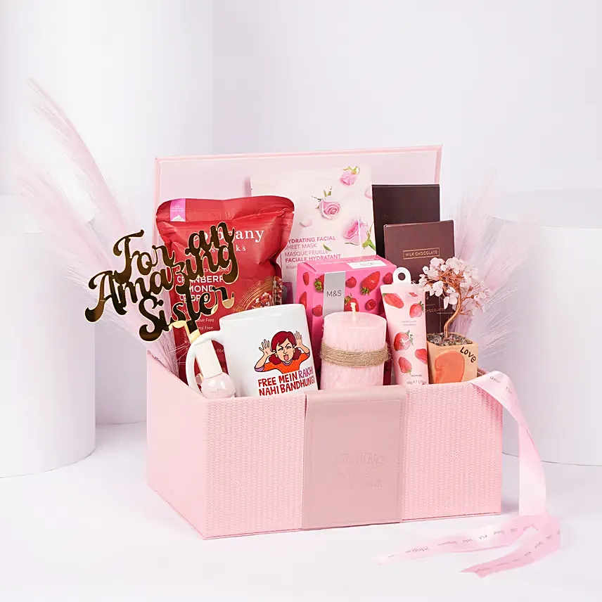 Curated Rakhi Hamper For Sisters With Goodies In Blush Pink Box: Raksha Bandhan Gift Hampers