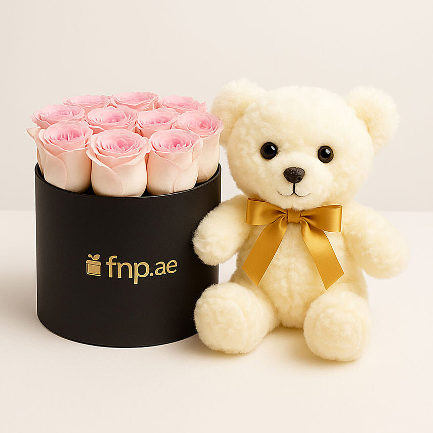 12 Pink Roses Box with White Teddy Combo