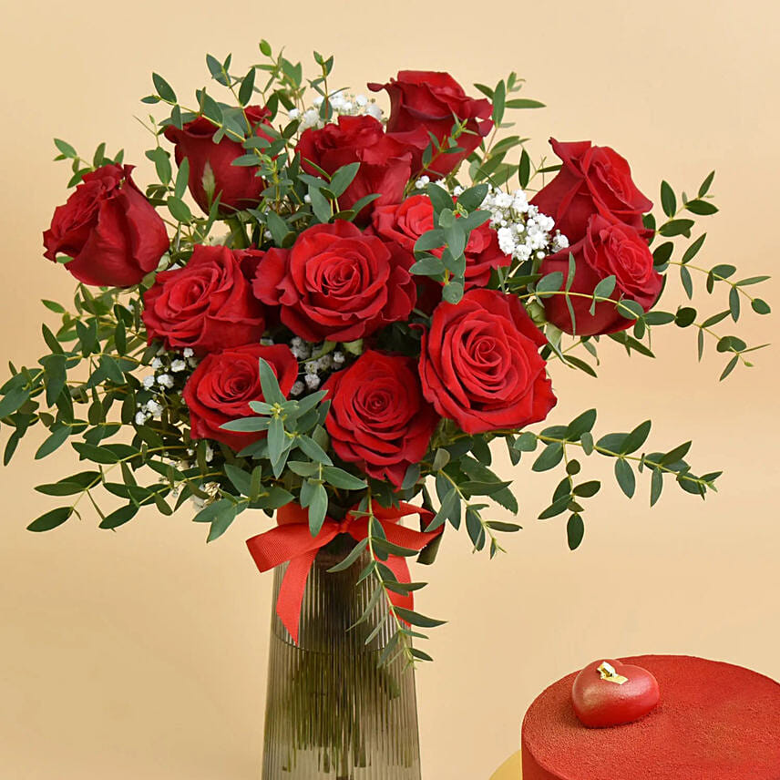 12 Red Roses in Premium Vase And Cake