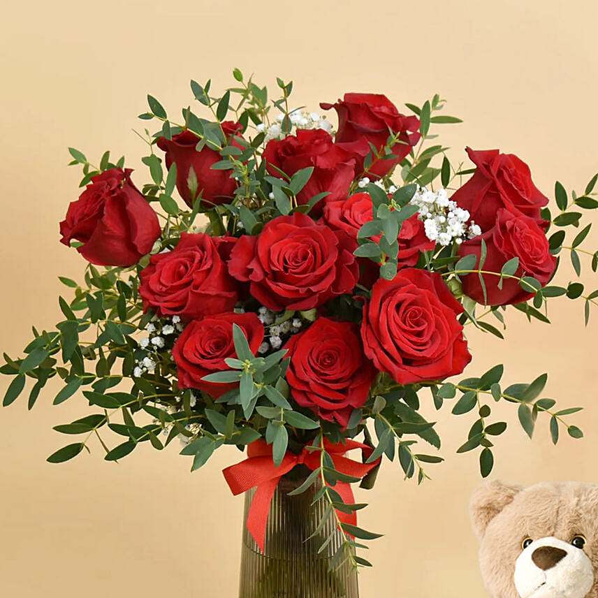12 Red Roses in Premium Vase And Teddy