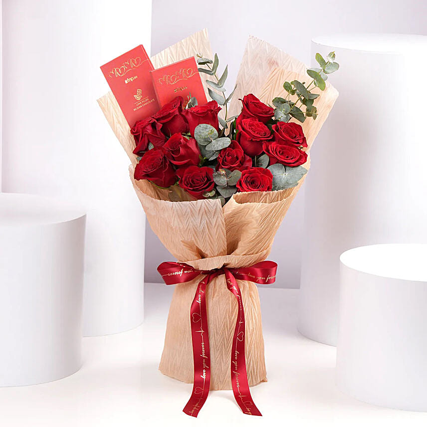 12 Red Roses Valentine Bouquet With Chocolate Bars