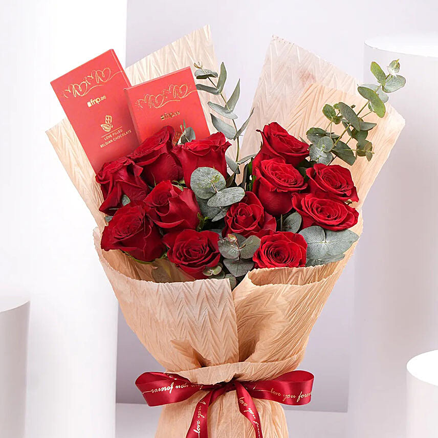 12 Red Roses Valentine Bouquet With Chocolate Bars