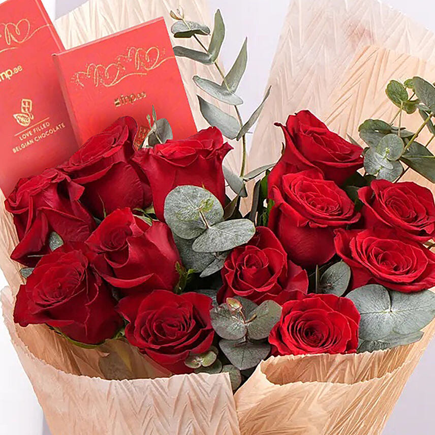 12 Red Roses Valentine Bouquet With Chocolate Bars