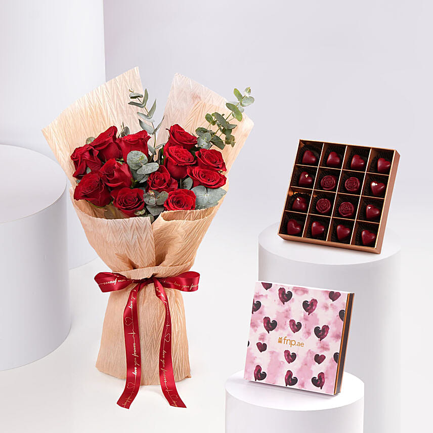 12 Red Roses Valentine Bouquet With Chocolate