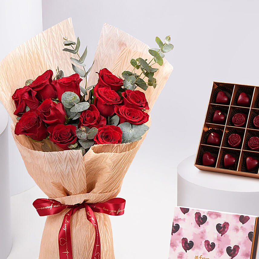 12 Red Roses Valentine Bouquet With Chocolate