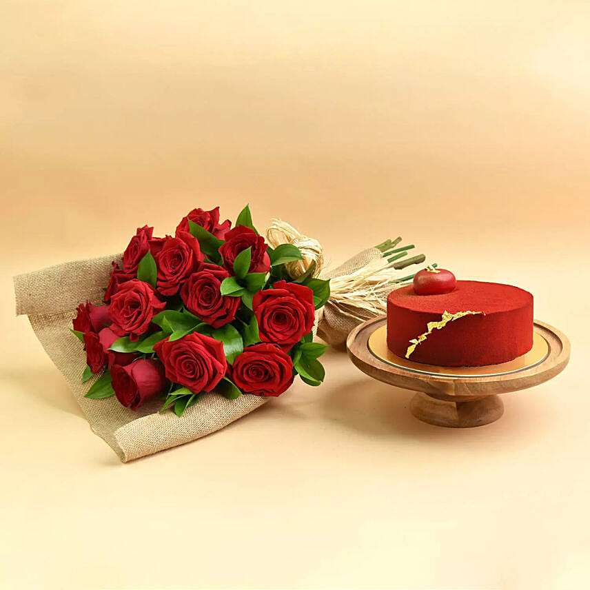 12 Red Roses Bouquet and Cake