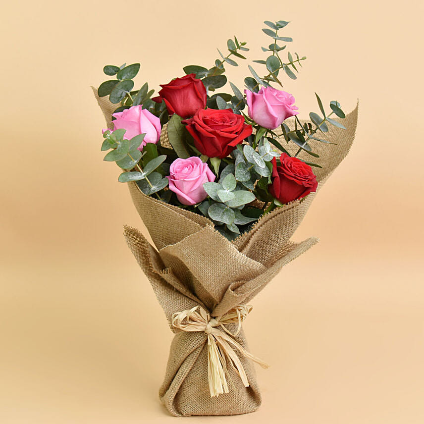 3 Pink 3 Red Roses Valentine Bouquet With Cupcake