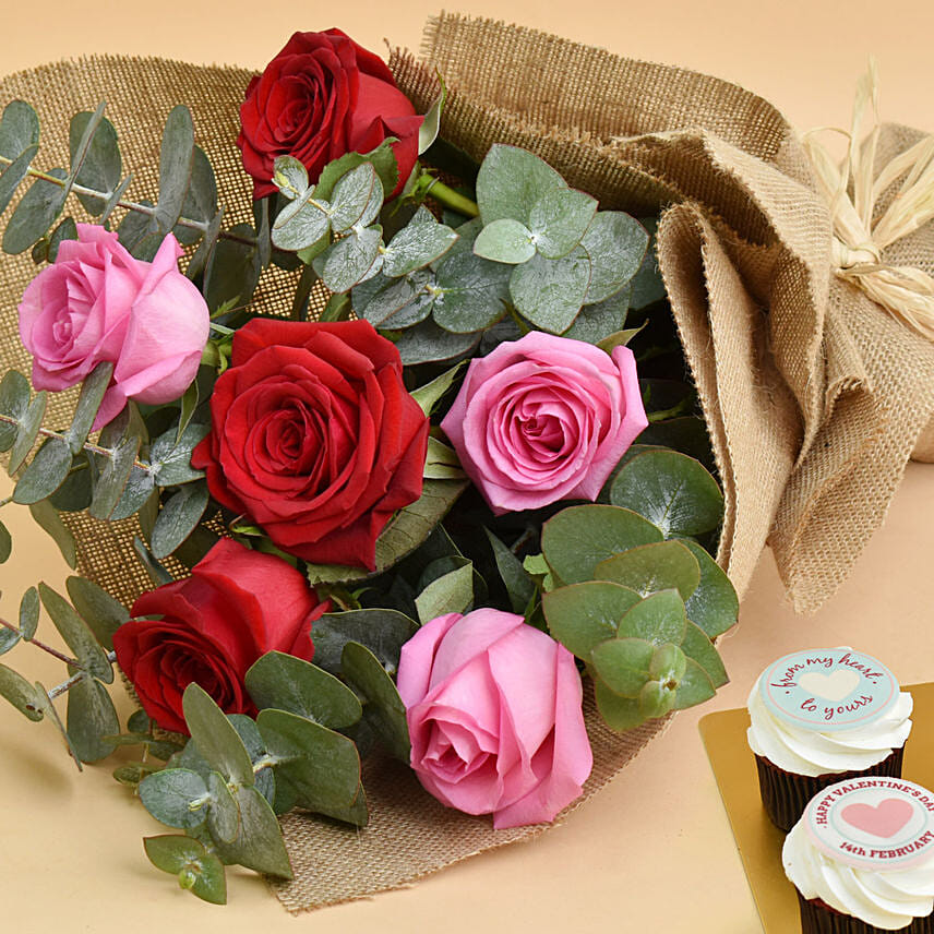 3 Pink 3 Red Roses Valentine Bouquet With Cupcake