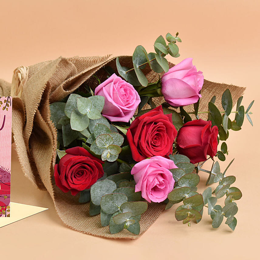 3 Pink 3 Red Roses Beauty Bouquet with Card