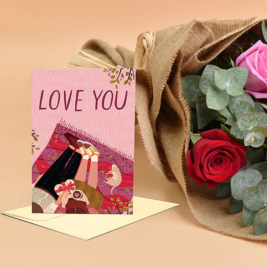 3 Pink 3 Red Roses Beauty Bouquet with Card