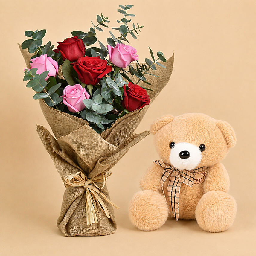 3 Pink 3 Red Roses Valentine Bouquet With Teddy