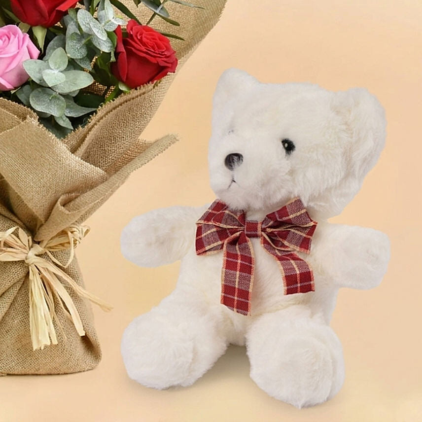 3 Pink 3 Red Roses Valentine Bouquet With Teddy