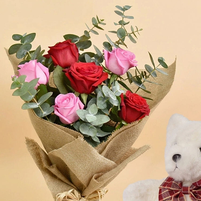 3 Pink 3 Red Roses Valentine Bouquet With Teddy