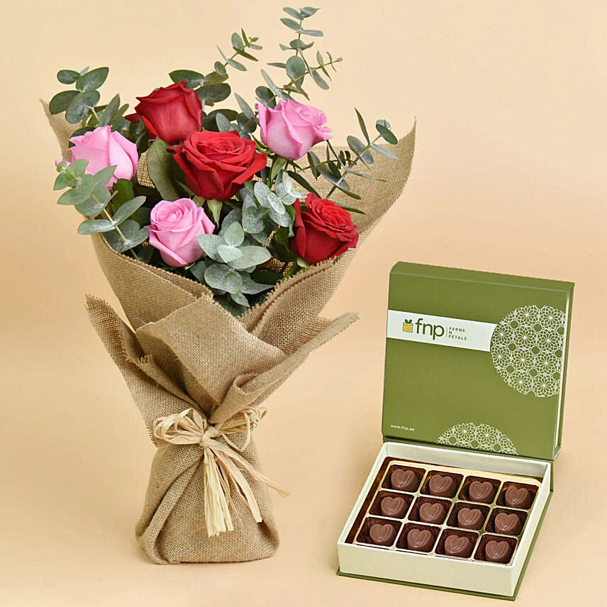 3 Pink 3 Red Roses Valentines Bouquet And Chocolates