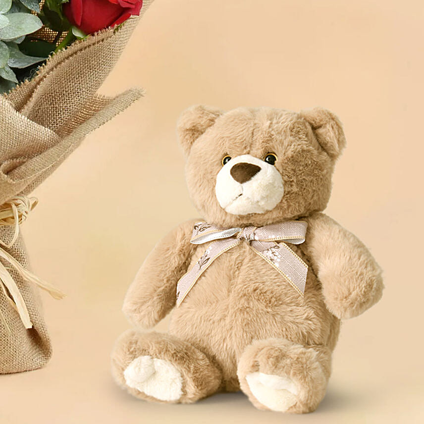3 Pink 3 Red Roses Valentines Bouquet And Teddy