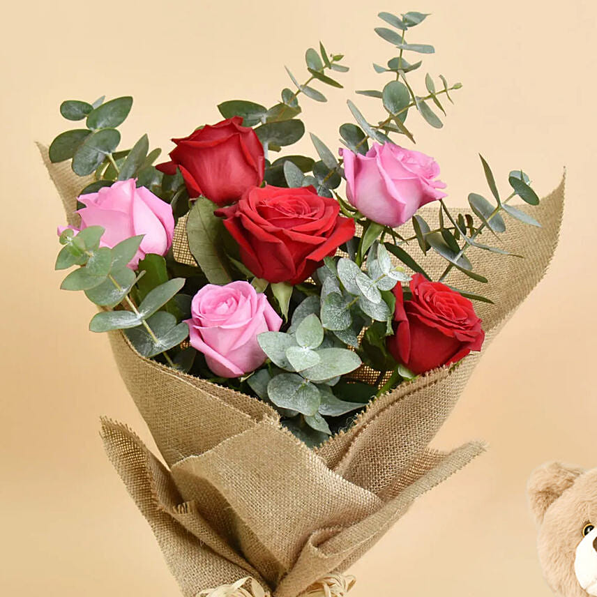 3 Pink 3 Red Roses Valentines Bouquet And Teddy