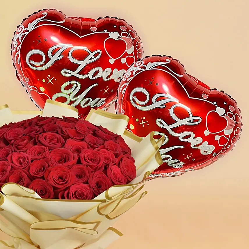 50 Love Roses Bouquet And Balloons