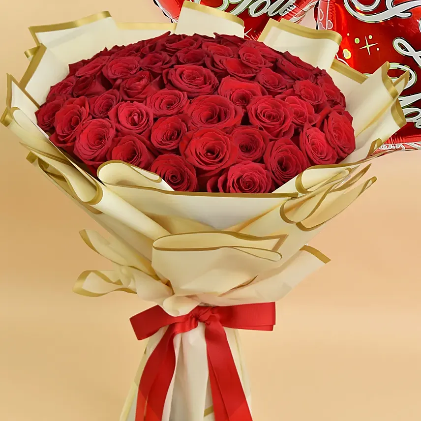 50 Love Roses Bouquet And Balloons