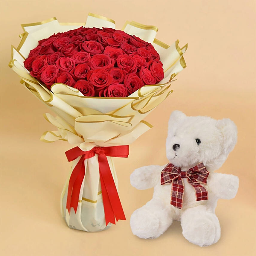 50 Valentines Roses Bouquet With Teddy
