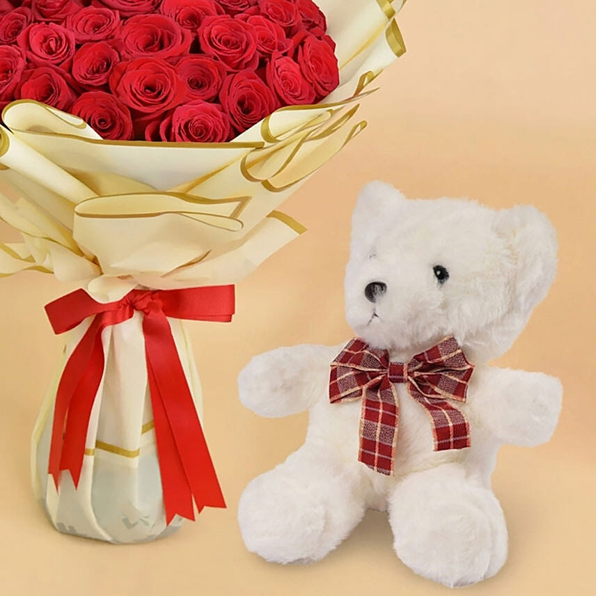 50 Valentines Roses Bouquet With Teddy
