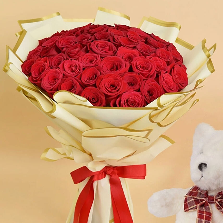 50 Valentines Roses Bouquet With Teddy