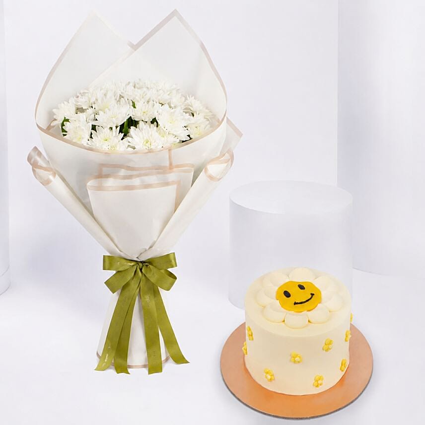 Birthday White Bloom Bouquet With Cake