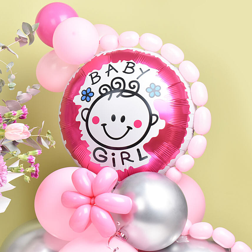 Baby Girl Balloons with celebration Flowers Bouquet