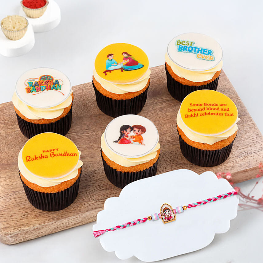 Bal Ganesha Rakhi With 6 Raksha Bandhan Cupcakes