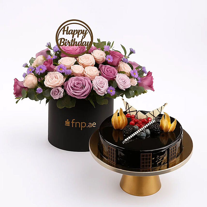 Birthday Flowers Box with Truffle Cake Combo