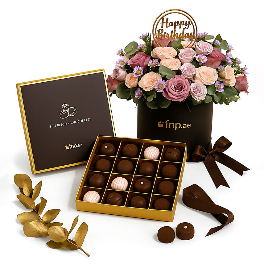 Birthday Flowers Box with Truffle Chocolate Combo