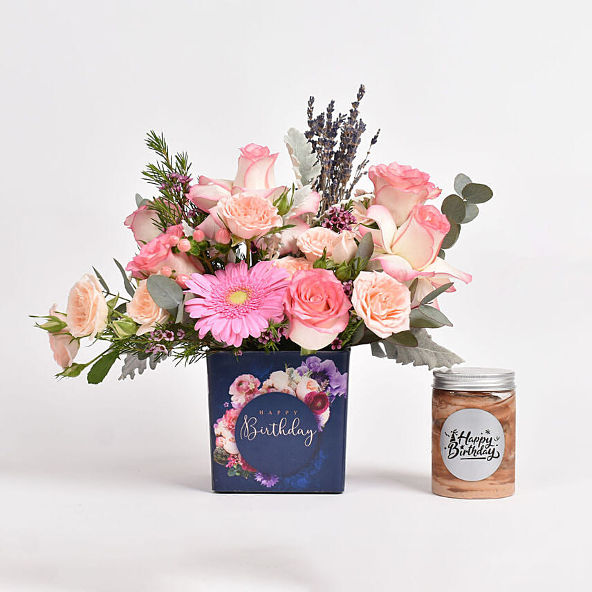 Birthday Mix Flowers Vase with Jar Cake