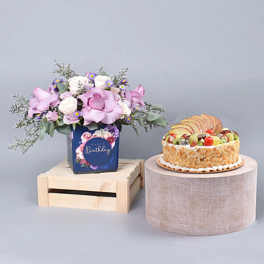 Birthday Roses Arrangement And Cake