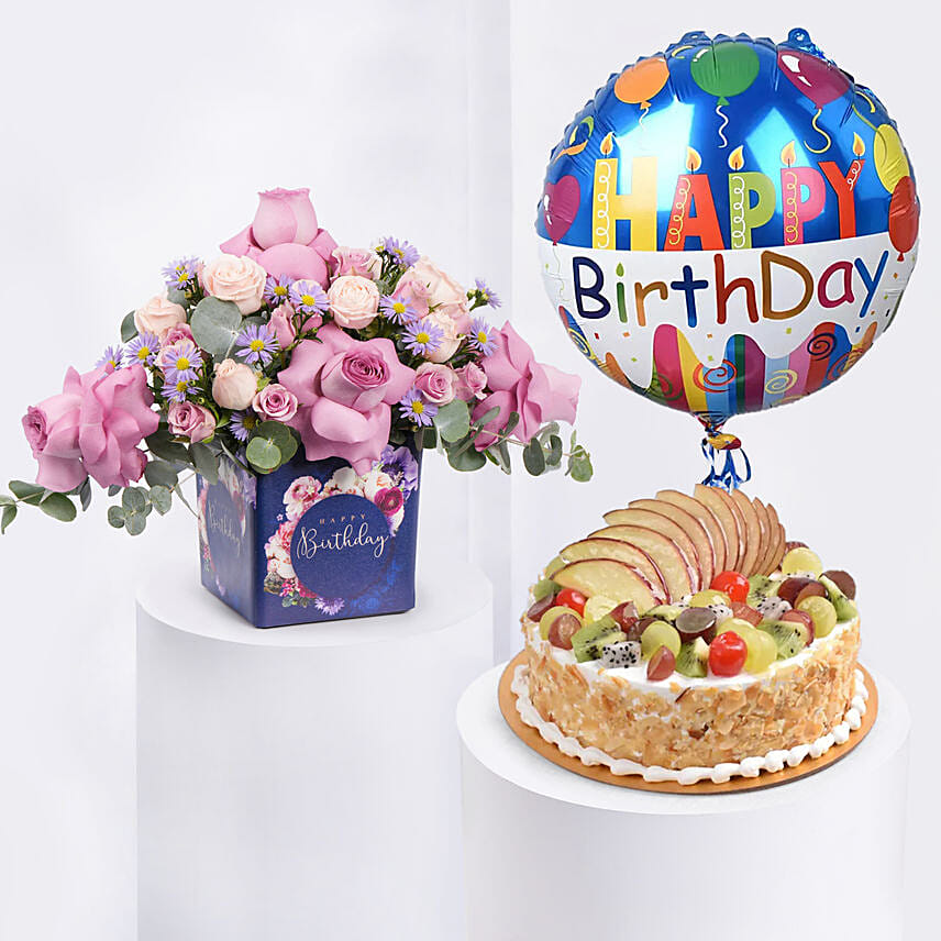 Birthday Roses Arrangement Cake & Balloon