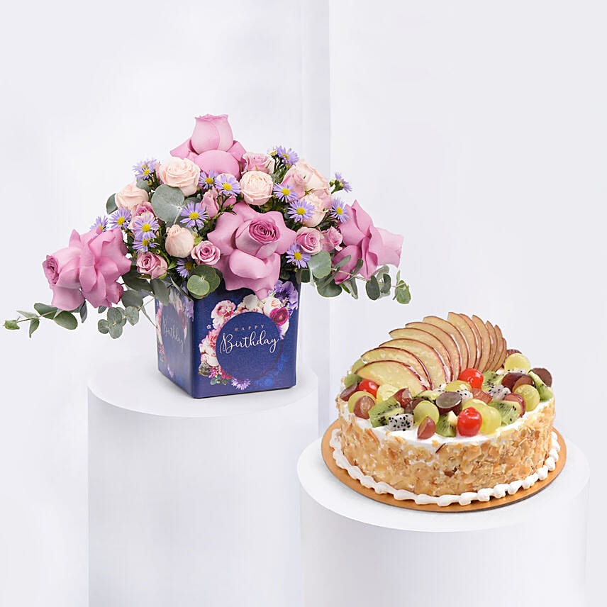 Birthday Roses Arrangement with Cake