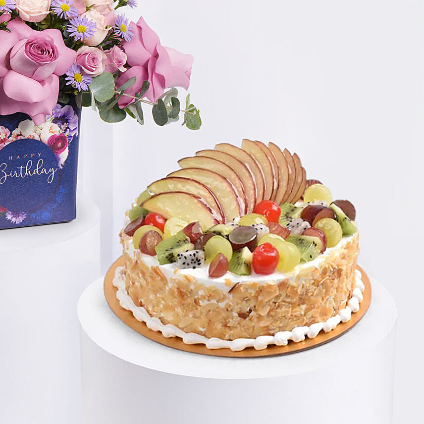 Birthday Roses Arrangement with Cake