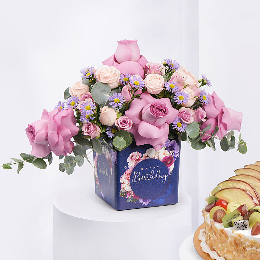 Birthday Roses Arrangement with Cake