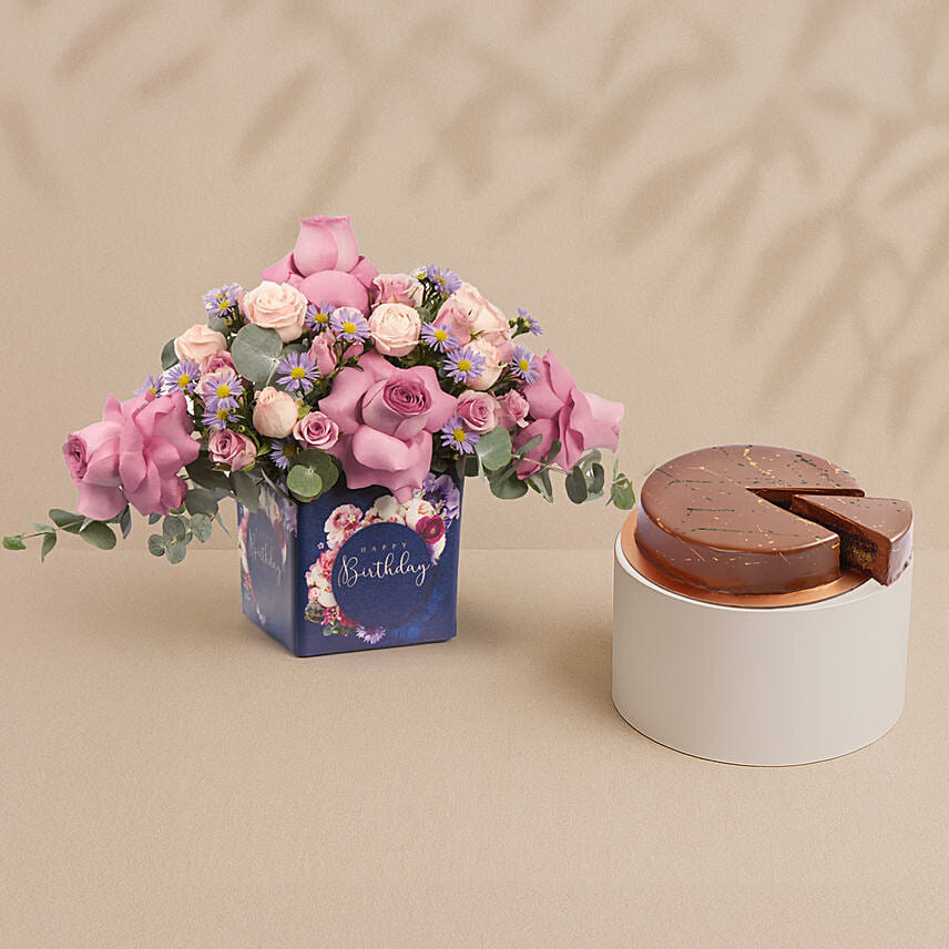 Birthday Roses Arrangement With Dubai Cake