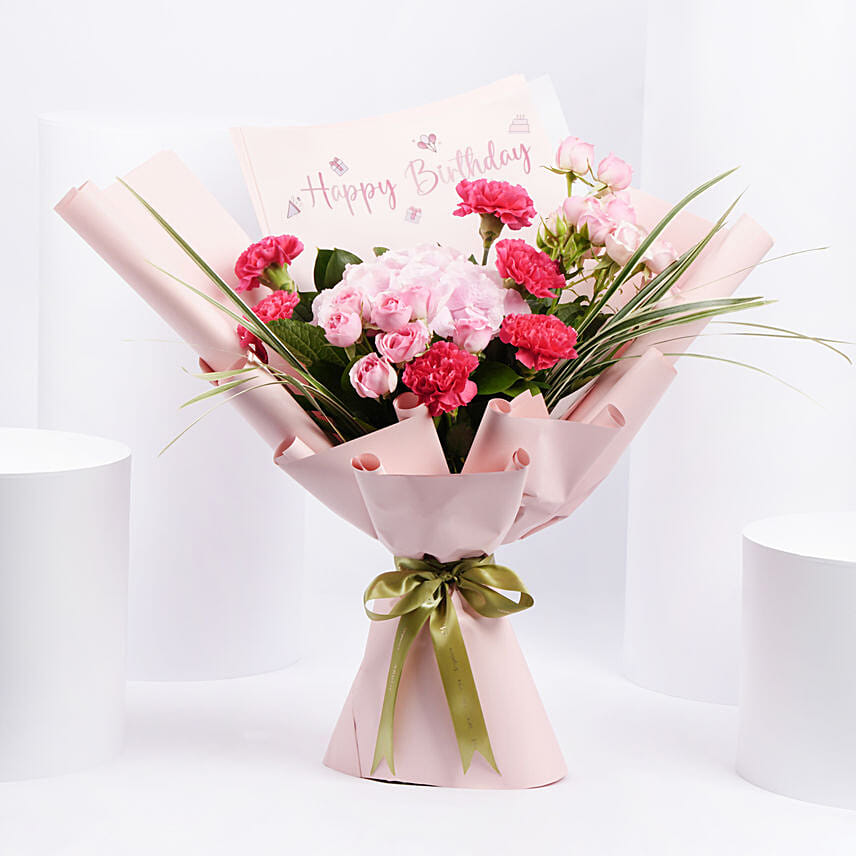 Birthday Wishes Pink Flowers Bouquet