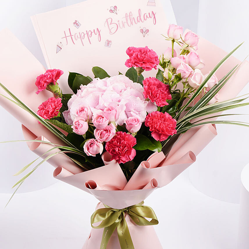 Birthday Wishes Pink Flowers Bouquet