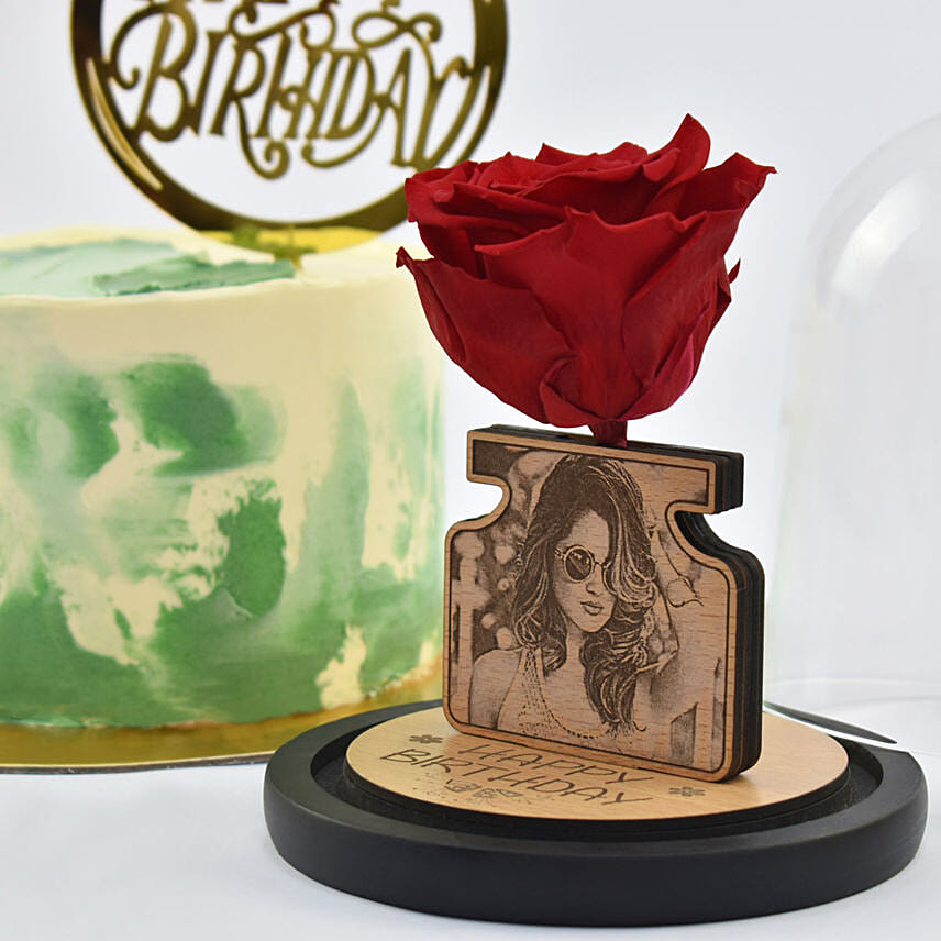 Blissful Birthday Memories Cake and Personalised Forever Rose