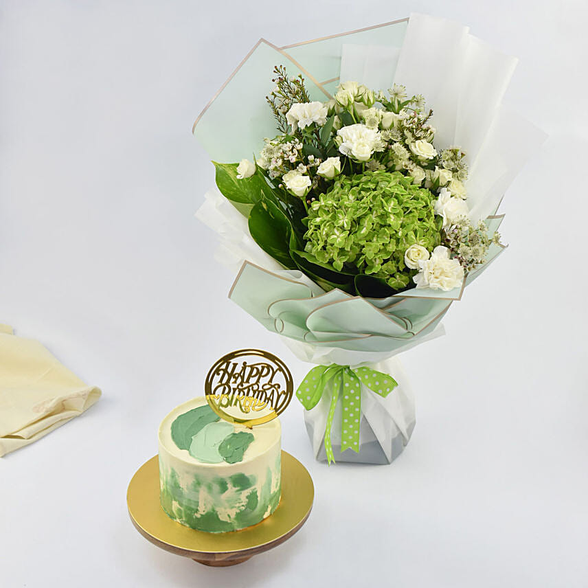 Blissful Birthday Memories Chocolate Cake and Flowers