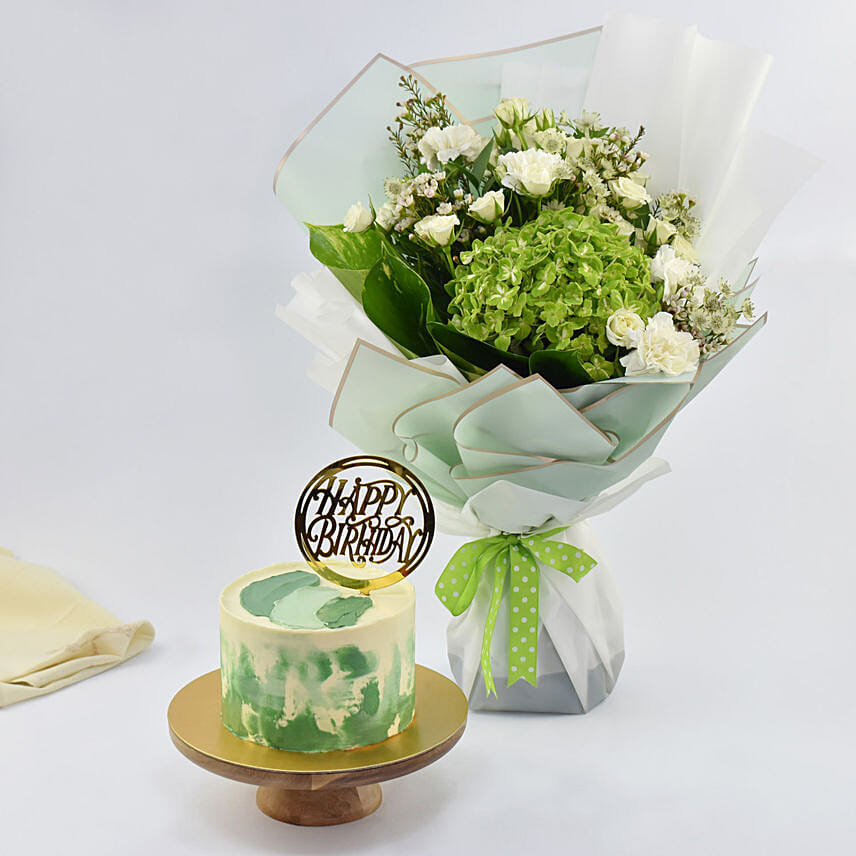 Blissful Birthday Memories Marble Cake and Flowers