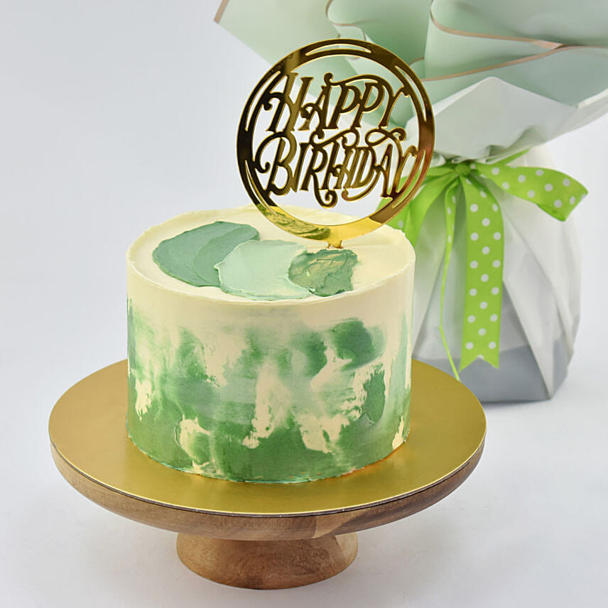 Blissful Birthday Memories Marble Cake and Flowers