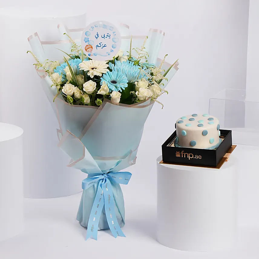 Blue Serenity Blooms with Chocolate Cake