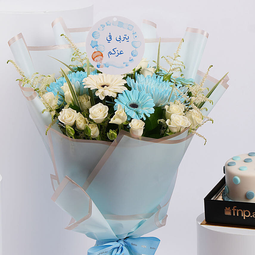 Blue Serenity Blooms with Chocolate Cake