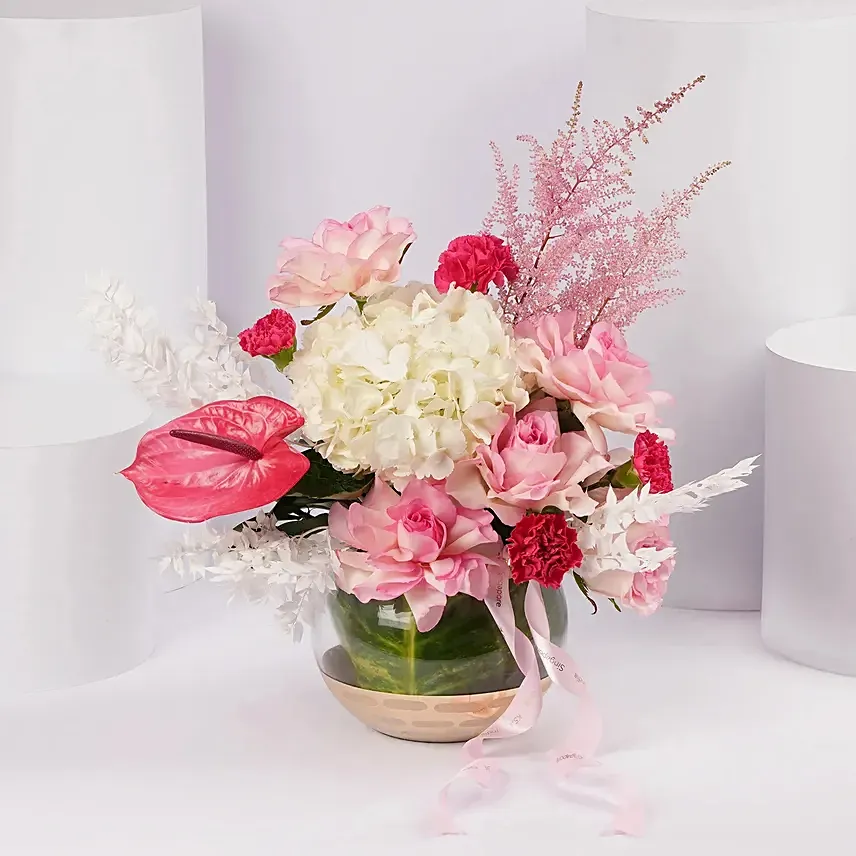 Blushing Blossom Arrangement in Glass Vase