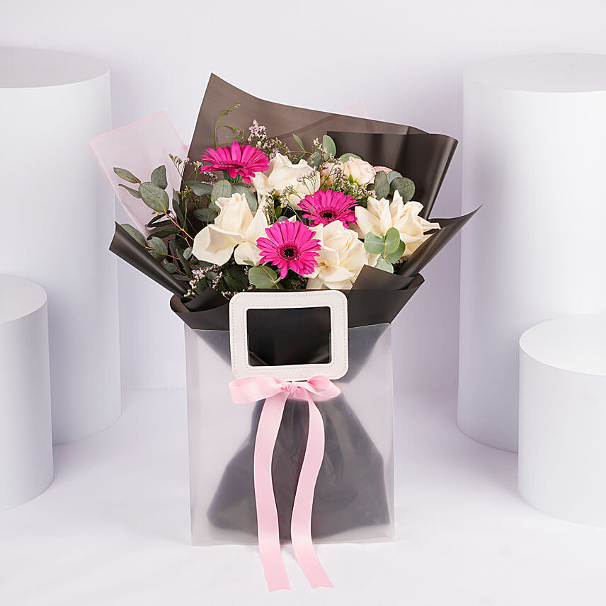 Blushing White Rose And Pink Gerbera Bouquet